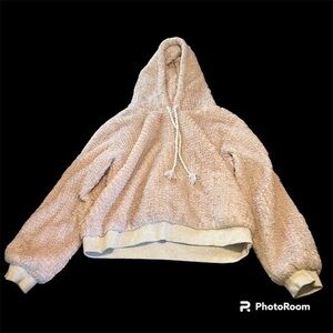 Cream pink fuzzy Anthropologie Sherpa hoodie sweatshirt